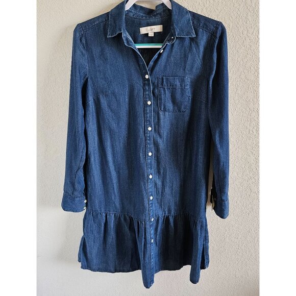 LOFT Dresses & Skirts - Loft Woman Size XS Chambray Linen Blend Shirt Dress Tiered Skirt Western Cowgirl
